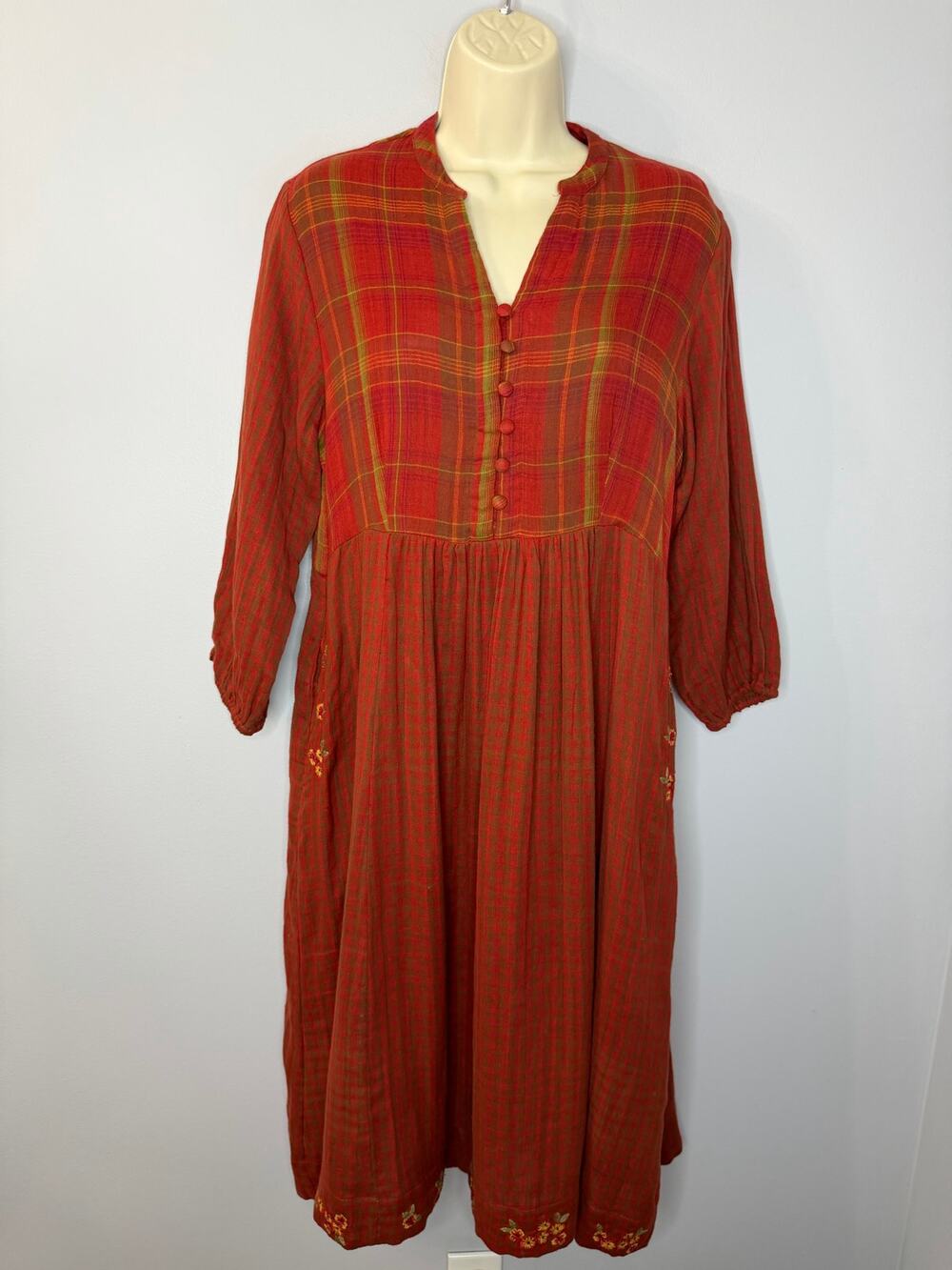 April Cornell Harvest Cousin Midi Dress Brick Red Embroidered Cottagecore S NWT
